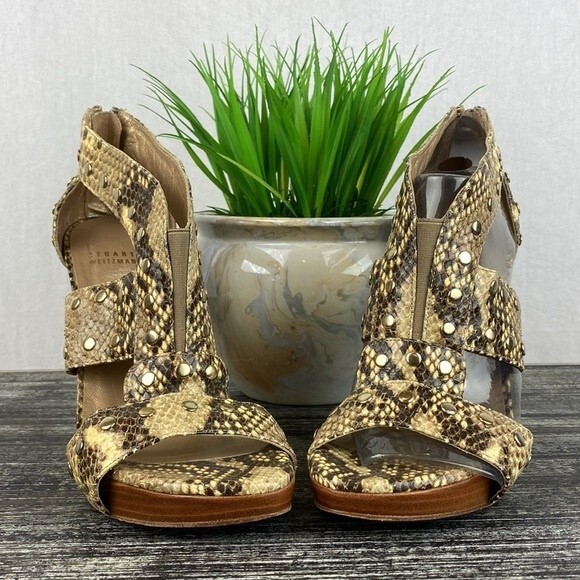 Stuart Weitzman Python Snake Print Cage Stud Heel Shoes 7.5 - Picture 5 of 10